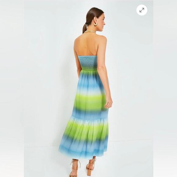 Tuckernuck Kaia Dress Chartreuse and Sky Blue Green Ombre Strapless Midi size XS - Picture 3 of 13
